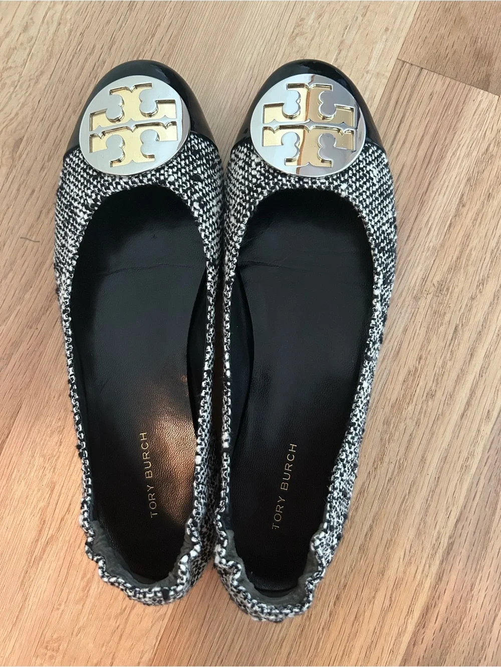 Tory Burch Black & White Tweed Ballet Flats with Gold Logo Cap